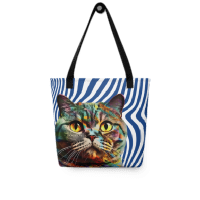 Colorful Cat with Blue and white Wave lines Tote bag