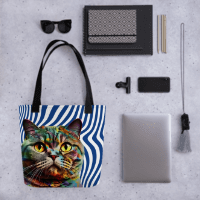 Colorful Cat with Blue and white Wave lines Tote bag