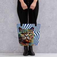 Colorful Cat with Blue and white Wave lines Tote bag