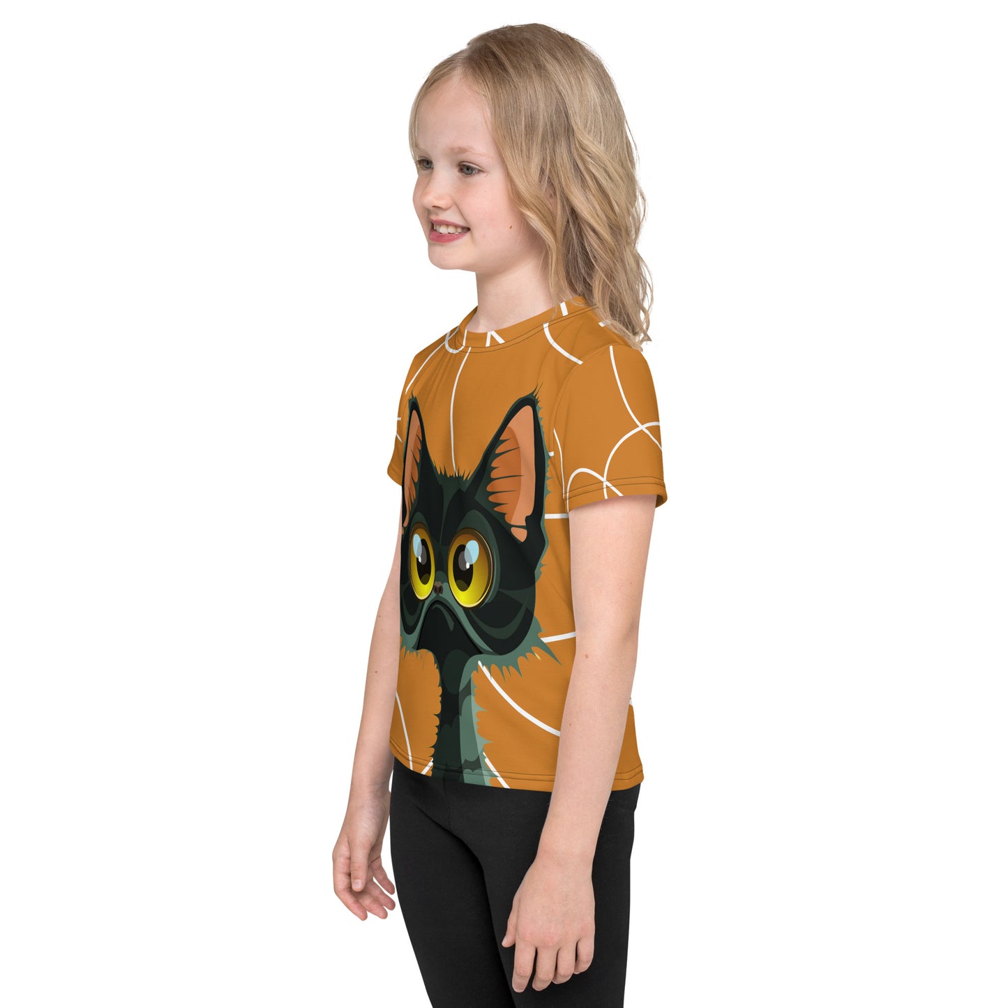 Cat with Orange background Kids crew neck t-shirt