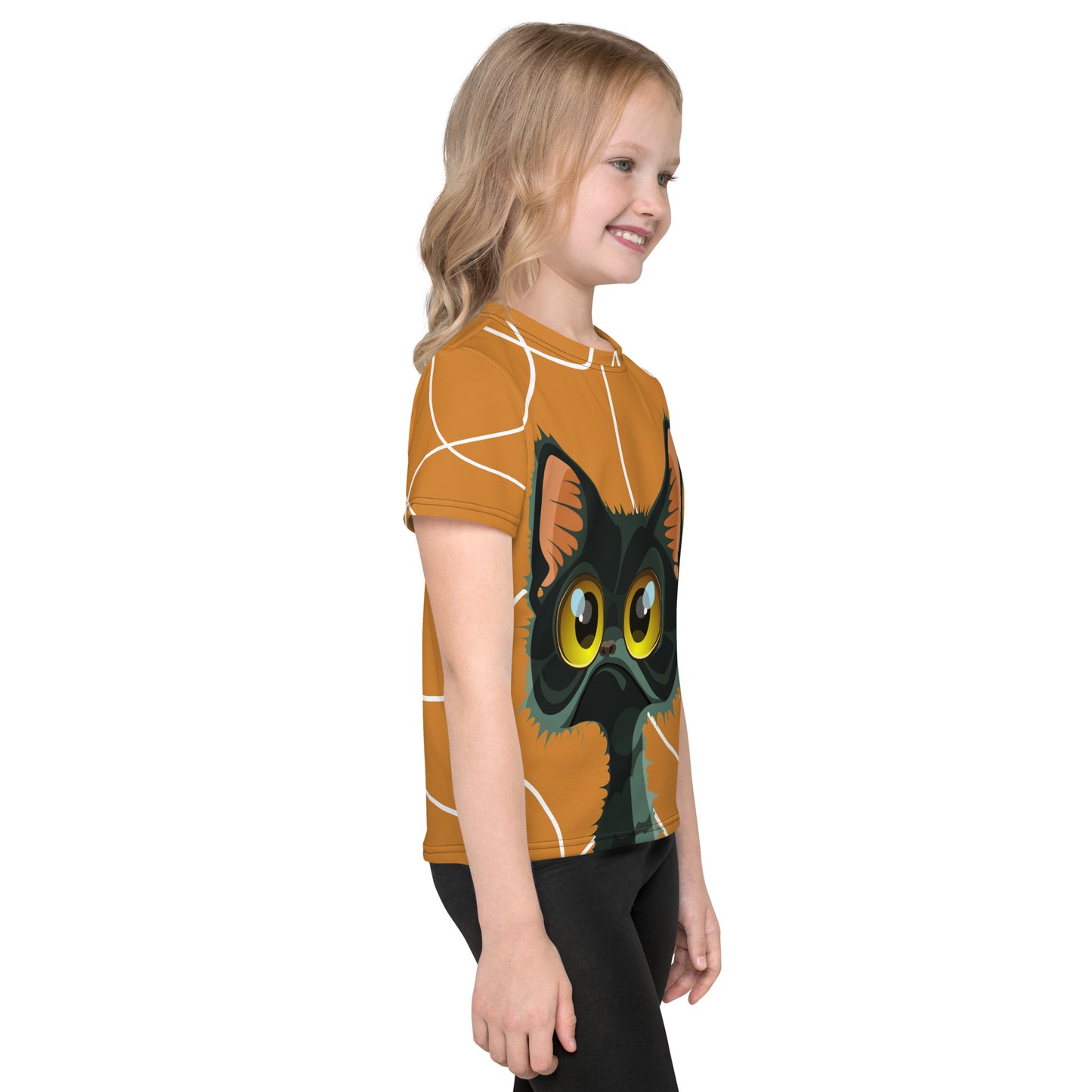 Cat with Orange background Kids crew neck t-shirt