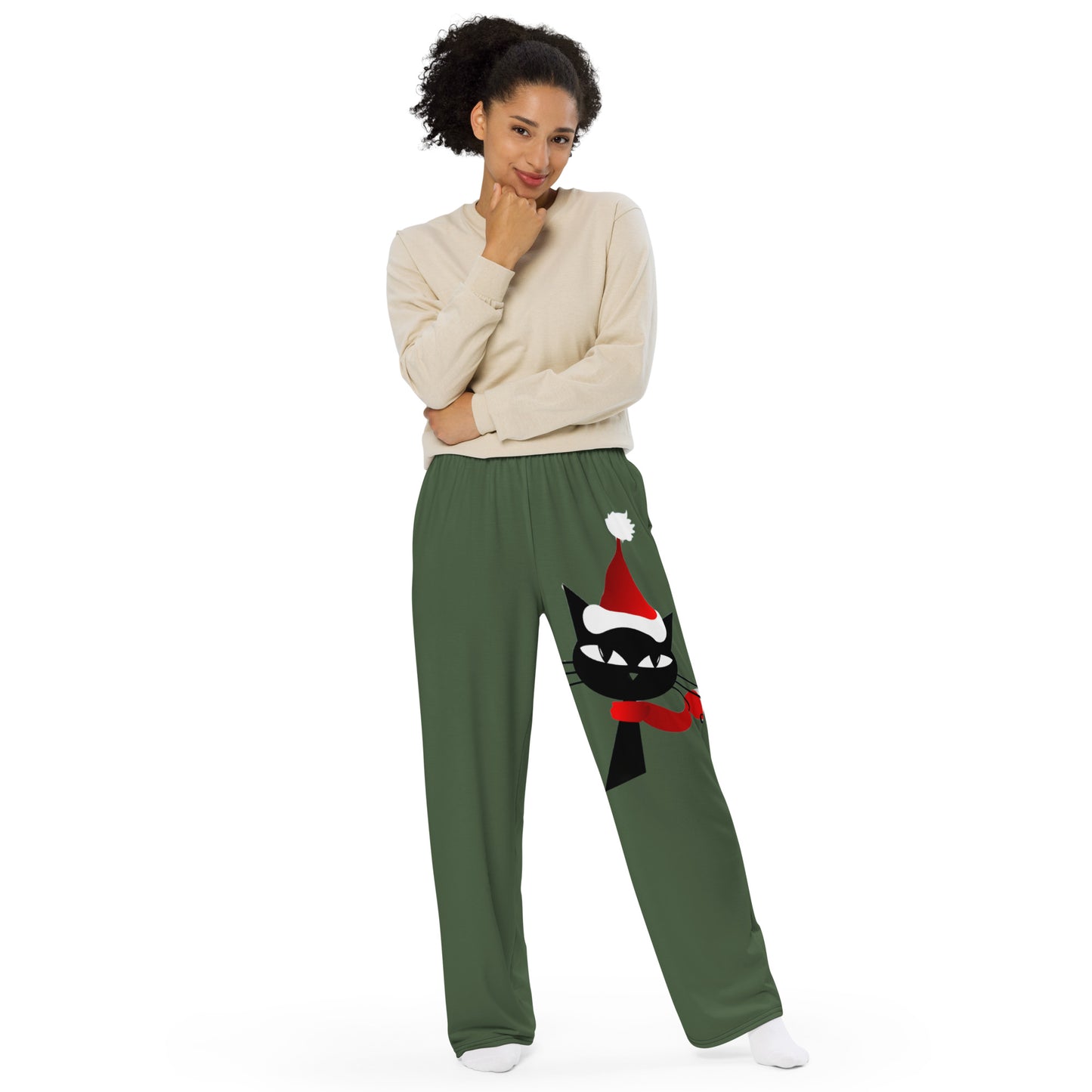 Chritmas Black Cat with Green All-over print unisex wide-leg pants
