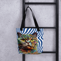 Colorful Cat with Blue and white Wave lines Tote bag