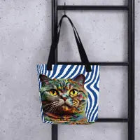 Colorful Cat Tote Bag with Blue and White Wave Lines - 4Legz