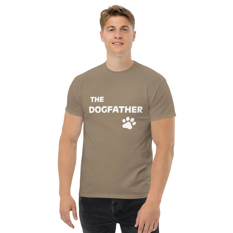 Man wearing stylish DOGFATHER classic tee with dog-themed design, showcasing casual comfort and fashion.