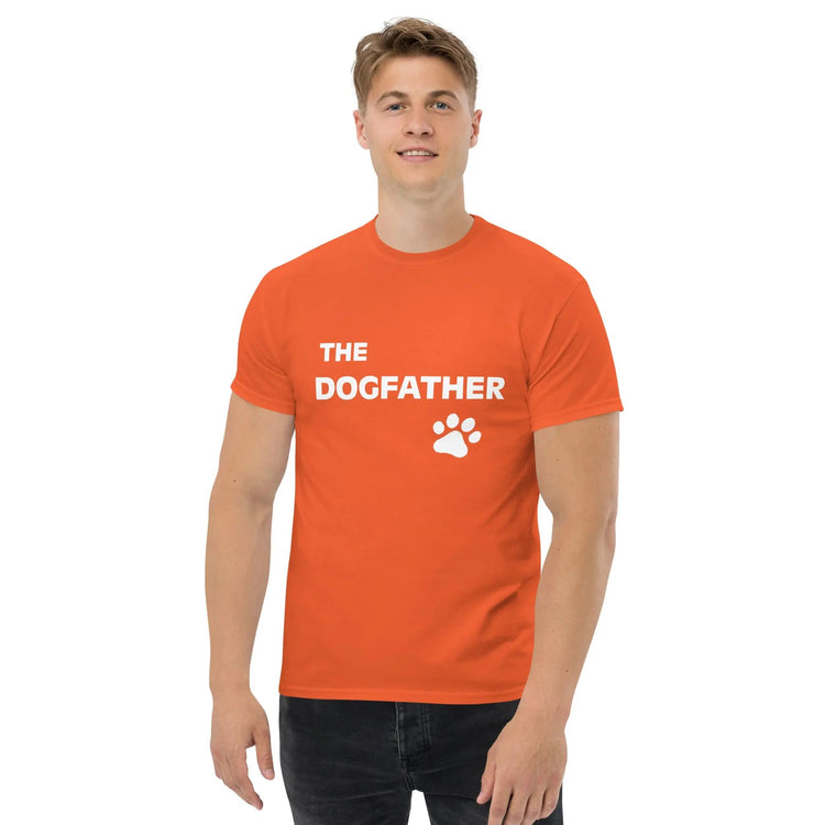 Men wearing stylish DOGFATHER classic tee with dog-themed design, casual and comfortable fit