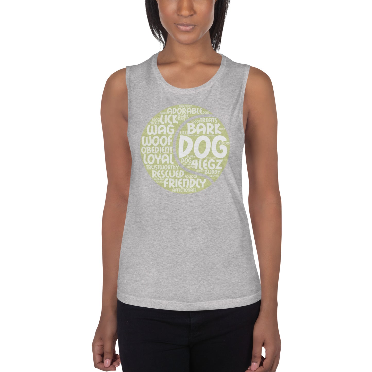 Dog Tennis Ball Words Ladies’ Muscle Tank