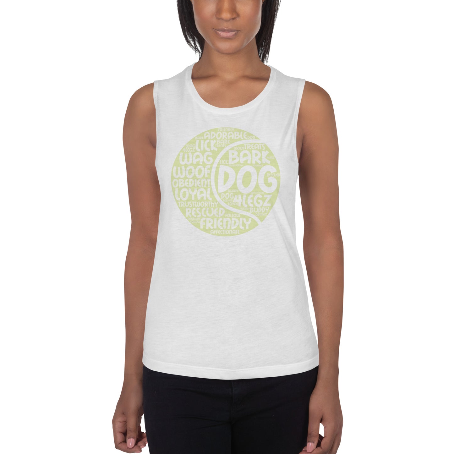 Dog Tennis Ball Words Ladies’ Muscle Tank