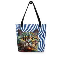 Colorful Cat Tote Bag with Blue and White Wave Lines - 4Legz