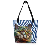 Colorful Cat Tote Bag with Blue and White Wave Lines - 4Legz