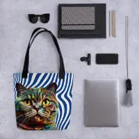 Colorful Cat Tote Bag with Blue and White Wave Lines - 4Legz