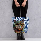 Colorful Cat Tote Bag with Blue and White Wave Lines - 4Legz