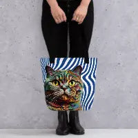 Colorful Cat Tote Bag with Blue and White Wave Lines - 4Legz