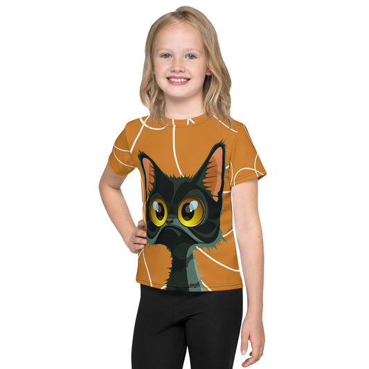 Cat with Orange background Kids crew neck t-shirt