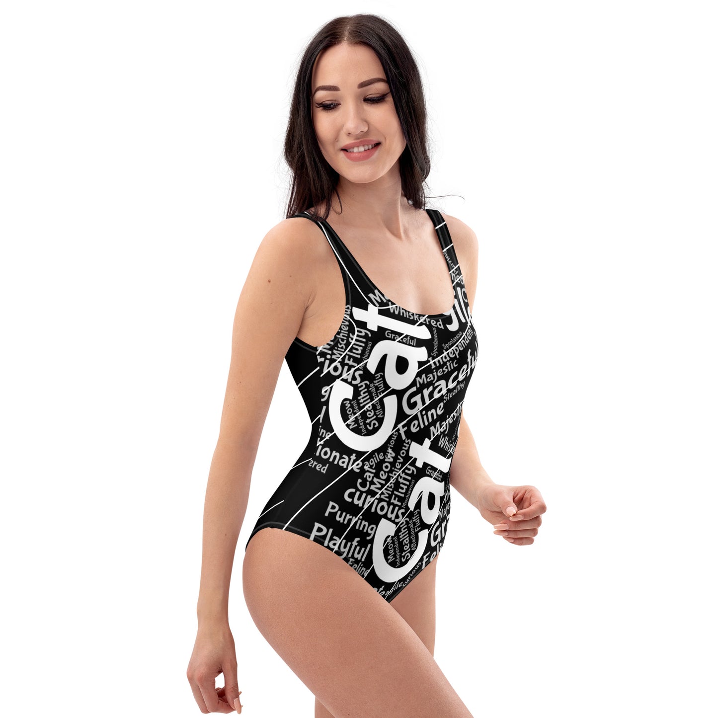 Cat Play on Words black with White Lines One-Piece Swimsuit