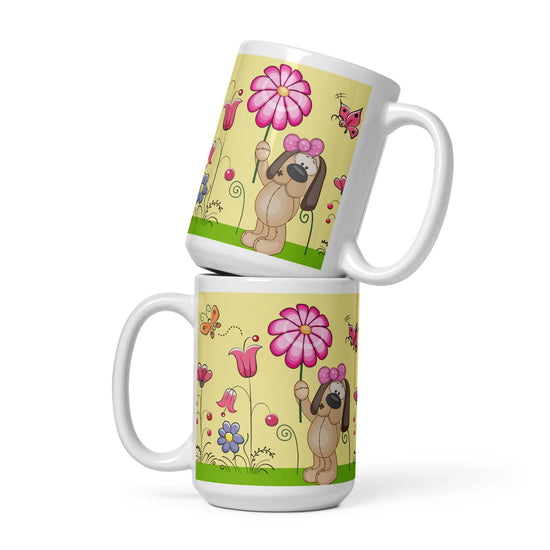 Dog Lover Mug - Doggy Love Flowers White Glossy Mug for Dog Lovers - 4Legz