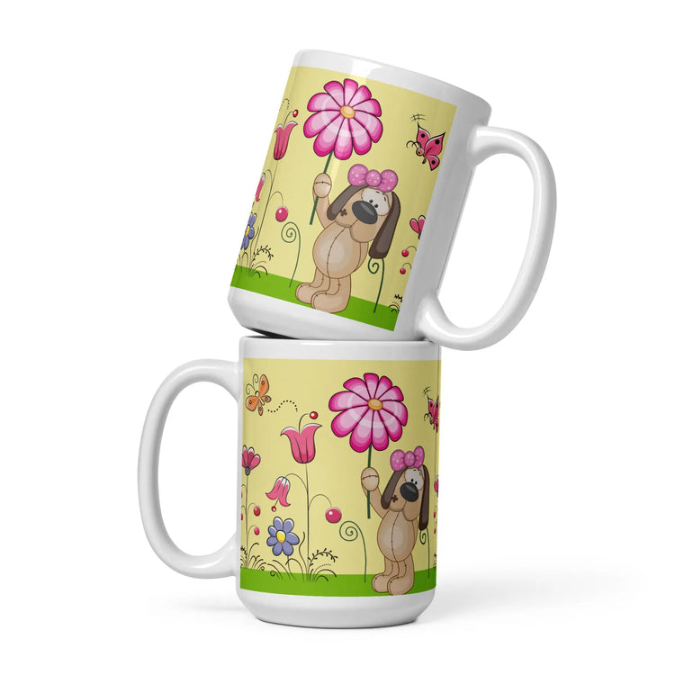 Dog Lover Mug - Doggy Love Flowers White Glossy Mug for Dog Lovers - 4Legz