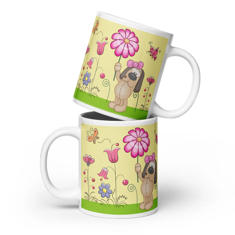 Dog Lover Mug - Doggy Love Flowers White Glossy Mug for Dog Lovers - 4Legz
