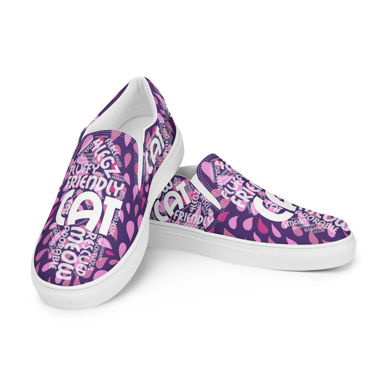 Cat Play on Words Shoes - Purple and Pink Women’s Slip-On Canvas - 4Legz