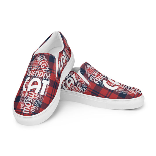 Cat Play on Words Red and Blue Women’s slip-on canvas shoes