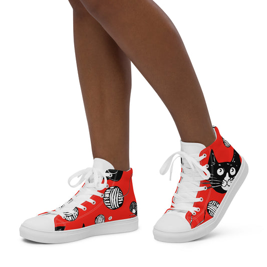Black Cat and Red Women’s high top canvas shoes